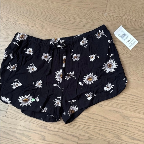 RVCA Women's Black and White Floral Drawstring Shorts - Picture 1 of 4